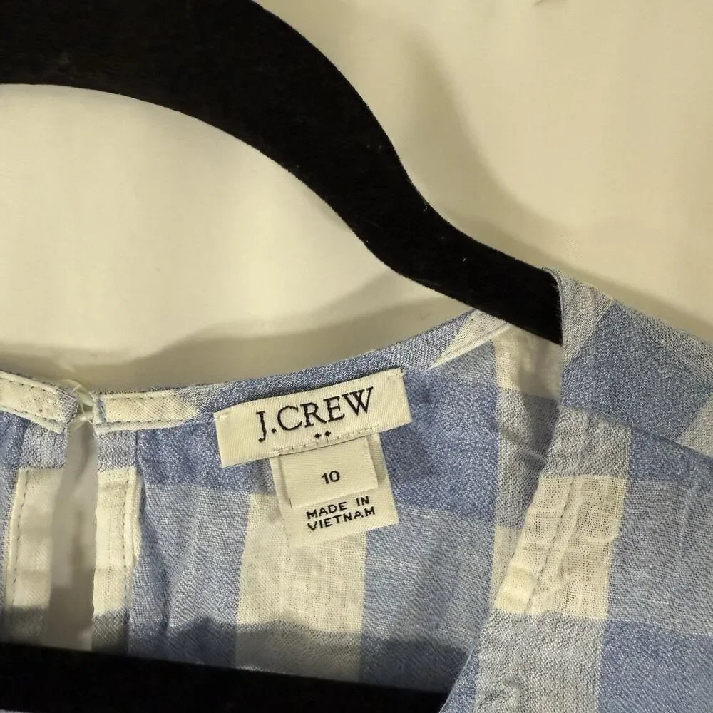 J. Crew Tank Top Women's 10 Blue White Plaid Linen Cotton Blued Tie Bottom